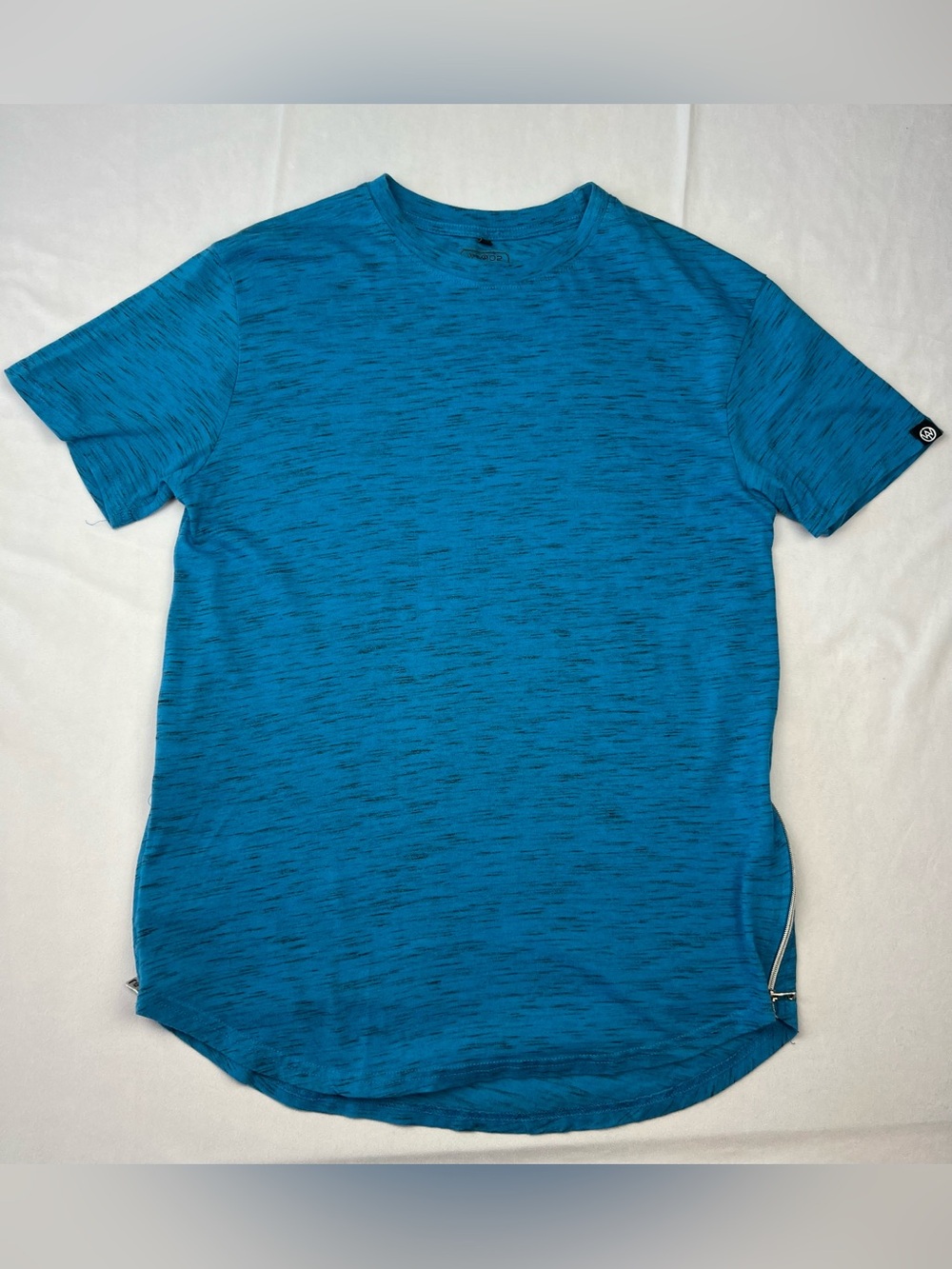 WT02 Men’s L Longline T-Shirt Blue Turquoise Marled Side Zipper Streetwear